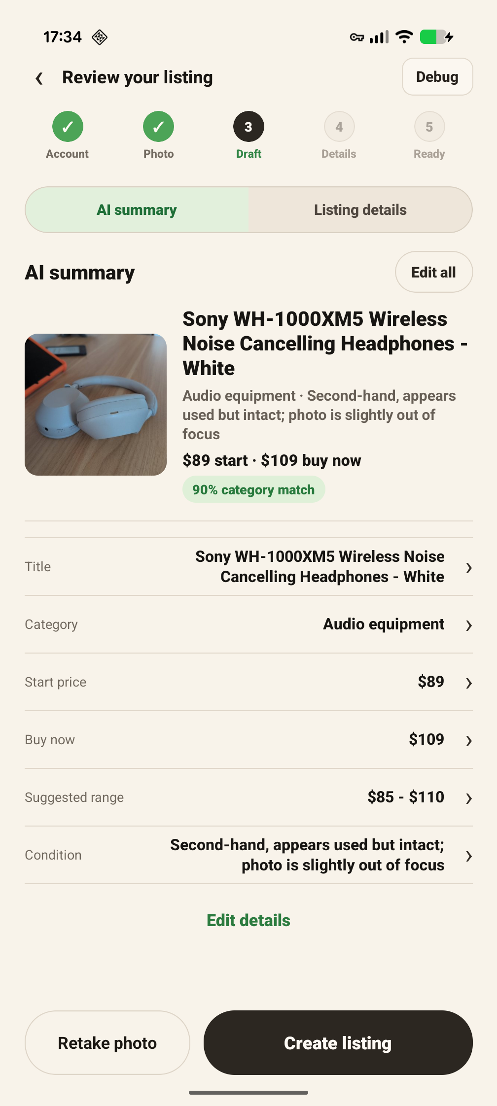 Yeeter review screen with an AI listing draft